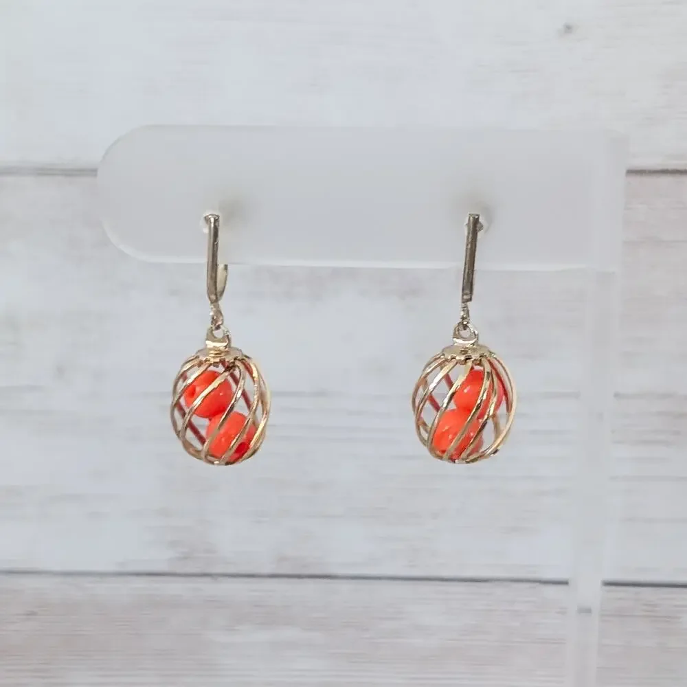 Vintage Screw Back Earrings Gold Tone with Orange - Dangle Earrings